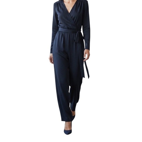 Rebecca Taylor Pants - Rebecca Taylor Jumpsuit Navy Blue Wrap‎ Front Tie Back Size 00 Sleeveless Romper